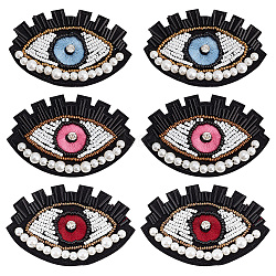 AHADEMAKER 6Pcs 3 Colors Plastic Beaded Sew on Eye Patches, Appliques, Badges, with Rhinestone & Felt Base, for Clothes, Dress, Hat, Jeans, Mixed Color, 59x87~91x8.5~9mm, 2pcs/color(FIND-GA0002-49)