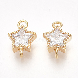 Brass Cubic Zirconia Links, Star, Clear, Nickel Free, Real 18K Gold Plated, 10x7x4mm, Hole: 1.2mm(KK-S350-311)