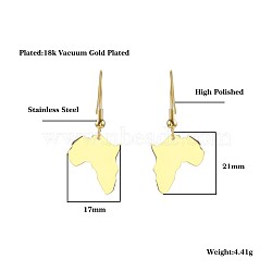 African Map Shaped Dangle Earrings, with Stainless Steel Hooks, Golden, 21x17mm(DG1061-2)