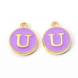 Golden Plated Alloy Enamel Charms, Enamelled Sequins, Flat Round with Letter, Medium Purple, Letter.U, 14x12x2mm, Hole: 1.5mm(ENAM-S118-10U)