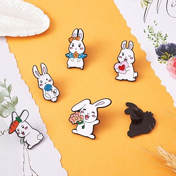 6Pcs 6 Style Carrot & Flower & Heart & Lollypop Rabbit Enamel Pins, Electrophoresis Black Alloy Animal Brooches for Backpacks Clothes Jackets Hats, Mixed Color, 30~33x13~29mm, 1Pc/style