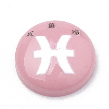Constellation/Zodiac Sign Resin Cabochons, Half Round/Dome, Craved with Chinese character, Pisces, Pink, 15x4.5mm