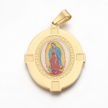 304 Stainless Steel Lady of Guadalupe Pendants, Oval with Virgin Mary, Colorful, Golden, 44x33x2.5mm, Hole: 4.5x8mm