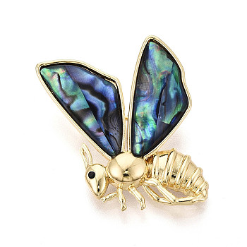 Paua Shell Pins, Brass Pave Cubic Zirconia Lapel Pin Brooch, Bees, Golden, Sea Green, 34x34mm, Hole: 4.5x2.8mm
