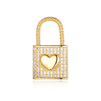 Brass Micro Pave Clear Cubic Zirconia Pendants, Lock Charms, Real 18K Gold Plated, 24x14x2.4mm