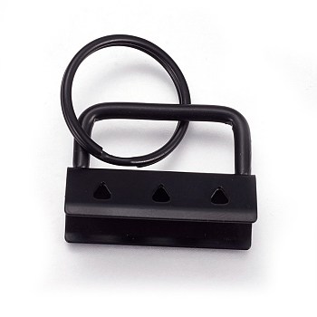 Electrophoresis Iron Split Key Rings, Keychain Clasp Findings, with Ribbon Ends, Black, End: 24x32.5x14mm, Ring: 24x2.5mm