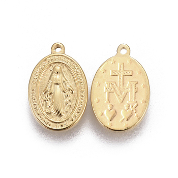 304 Stainless Steel Religon Charms, Oval with Virgin Mary, Golden, 13x8.5x1.6~1.8mm, Hole: 0.8mm