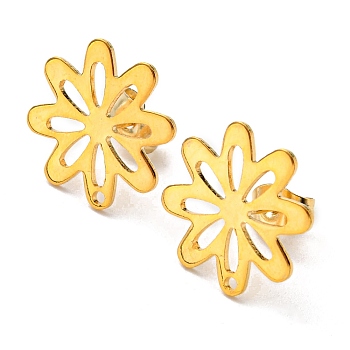 201 Stainless Steel Stud Earrings Finding, with 304 Stainless Steel Pins, Flower, Real 24K Gold Plated, 16x16mm, Hole: 1mm, Pin: 0.8mm