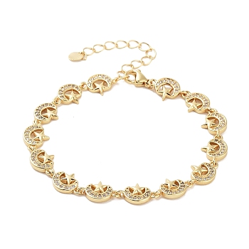 Rack Plating Brass Pave Clear Cubic Zirconia Moon Link Chain Bracelets for Women, Cadmium Free & Lead Free, Long-Lasting Plated, Real 18K Gold Plated, 7-1/8 inch(18.1cm)