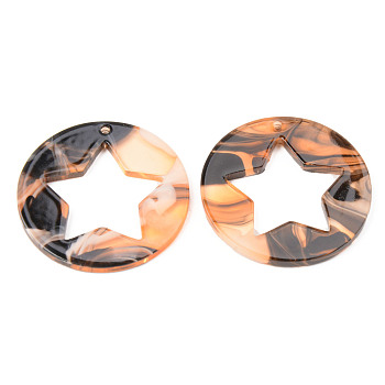Acrylic Pendants, Flat Round with Star, Sandy Brown, 32x2.5mm, Hole: 1.5mm