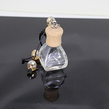Empty Glass Perfume Bottle Pendants, Aromatherapy Fragrance Essential Oil Diffuser Bottle, with Coffee Color Cord, Car Hanging Decor, with Wood Lid, Square, 4.38x3.7cm