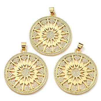 Brass with Cubic Zirconia Pendants, Long-Lasting Plated, Lead Free & Cadmium Free, Flat Round, Real 18K Gold Plated, 33.5x30.5x1.6mm, Hole: 3x4mm