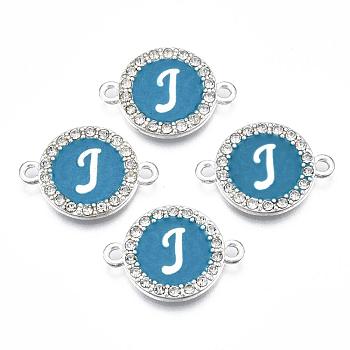Alloy Enamel Links Connectors, with Crystal Rhinestones, Flat Round with Letter, Silver Color Plated, Deep Sky Blue, Letter.J, 22x16x2mm, Hole: 1.8mm
