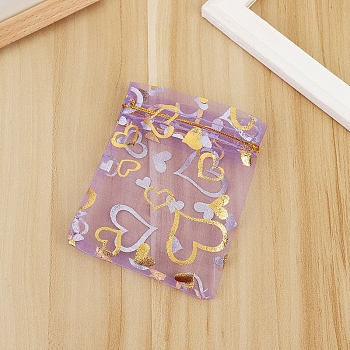Rectangle Organza Drawstring Gift Bags, Gold Stamping Heart Pouches for Wedding Party Gift Storage, Orchid, 9x7cm