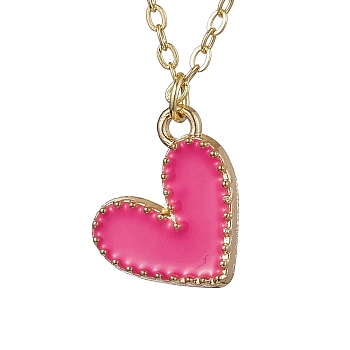 Alloy Enamel Heart Pendants Necklaces, Real 18K Gold Plated Brass Cable Chains Necklaces for Women, Hot Pink, 16.54 inch(42cm)