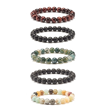 8MM Natural Mixed Stone Round Beads Strerch Bracelets Set for Men Women, Inner Diameter: 2-1/8 inch(5.3cm), Beads: 8mm, 5Pcs/set