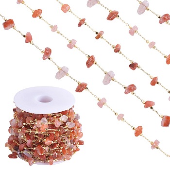 Natural Banded Agate Chips Beaded Chains, with Golden Brass Findings, Long-Lasting Plated, Soldered, with Spool, 4~14x4~11x2~7mm, about 3.28 Feet(1m)/Box