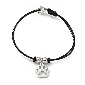 304 Stainless Steel Paw Print Charm Bracelet with Waxed Cord for Women, Stainless Steel Color, 7 inch(17.8cm)
