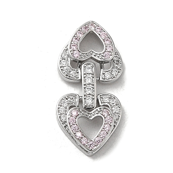 Brass Micro Pave Cubic Zirconia Fold Over Clasps, Heart, Real Platinum Plated, Lavender, 29x14x4.5mm