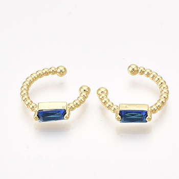 Brass Cubic Zirconia Cuff Earrings, Golden, Blue, 10x3mm