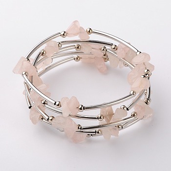 Gemstone Chip Warp Bracelets, Steel Bracelet Memory Wire with Brass Tube Beads and Iron Round Beads, Platinum, Rose Quartz, 53mm