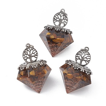Natural Tiger Eye Pendants, Faceted Diamond Charms, with Rack Plating Antique Silver Tone Alloy Tree of Life, Cadmium Free & Lead Free, 41.5x29.5x29.5mm, Hole: 4mm