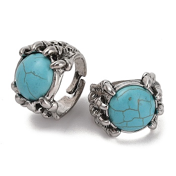 Round Synthetic Turquoise Adjustable Rings, Claw Alloy Finger Rings for Women, Cadmium Free & Lead Free, Antique Silver, US Size 9 3/4(19.5mm)