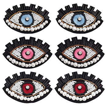 AHADEMAKER 6Pcs 3 Colors Plastic Beaded Sew on Eye Patches, Appliques, Badges, with Rhinestone & Felt Base, for Clothes, Dress, Hat, Jeans, Mixed Color, 59x87~91x8.5~9mm, 2pcs/color