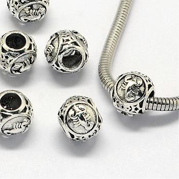 Alloy European Beads, Large Hole Rondelle Beads, with Constellation/Zodiac Sign, Antique Silver, Scorpio, 10.5x9mm, Hole: 4.5mm
