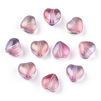 Transparent Spray Painted Glass Beads, with Glitter Powder, Heart, Medium Orchid, 6x6x4mm, Hole: 0.7mm