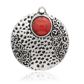 Antique Silver Plated Alloy Dyed Synthetic Turquoise Pendants, Flat Round, Red, 36x32.5x8mm, Hole: 2mm