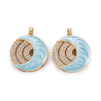 Brass Micro Pave Clear Cubic Zirconia Pendants, with Enamel, Flat Round & Moon, Medium Turquoise, 27x24x5mm, Hole: 2.5x4mm