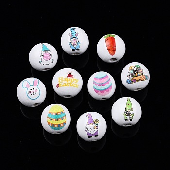 Easter Theme Printed Wooden Beads, Round, Mixed Color, Easter Theme Pattern, 15.5~16x15mm, Hole: 3.5mm