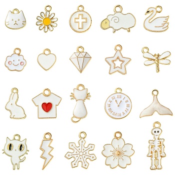 20Pcs 20 Styles Alloy Enamel Pendants, Mixed Shapes, White, 11.5~26x7~17.5x1~3mm, Hole: 1.4~2mm, 1pc/style