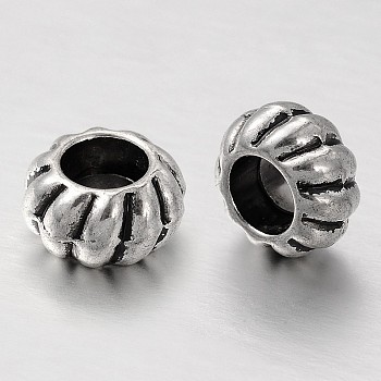 Tibetan Style Alloy European Beads, Large Hole Rondelle Beads, Corrugated Beads, Antique Silver, 10x5.5mm, Hole: 5mm
