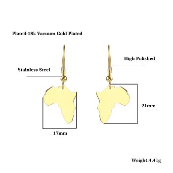 African Map Shaped Dangle Earrings, with Stainless Steel Hooks, Golden, 21x17mm