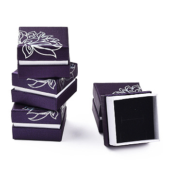 Printed Cardboard Jewelry Set Boxes, with Black Sponge Inside, Square with Flower Pattern, Purple, 5.2x5.2x3.6cm
