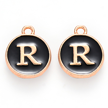 Golden Plated Alloy Charms, Cadmium Free & Lead Free, with Enamel, Enamelled Sequins, Flat Round with Letter, Black, Letter.R, 14x12x2mm, Hole: 1.5mm