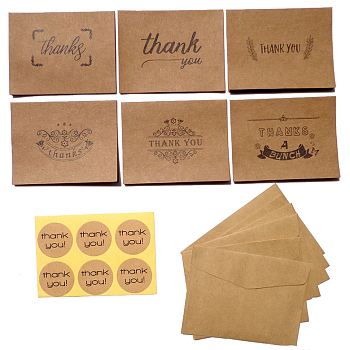 6Pcs Rectangle Kraft Paper Thank You Greeting Cards, with Envelopes and Round Dot Stickers, Camel, 30~100x30~75mm