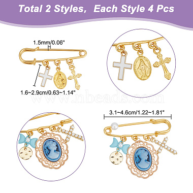 8Pcs 2 Style Alloy Enamel Cross & Resin Princess & Acrylic Bowknot Charms Safety Pin Brooches(JEWB-AB00009)-2