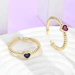 Brass Micro Pave Cubic Zirconia Cuff Rings, Cadmium Free & Lead Free, Open Solitaire Rings, Long-Lasting Plated, Real 18K Gold Plated, Heart, Mixed Color, 2mm, Inner Diameter: 17mm(RJEW-M138-11G)