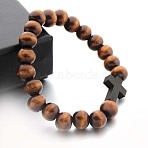 Wood Cross & Round Beaded Stretch Bracelets for Men, Sienna, 7-7/8 inch(20cm)(FS-WG25A82-02)
