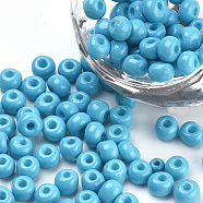 Baking Paint Glass Seed Beads, Round, Deep Sky Blue, 4~4.5x3mm, Hole: 1~1.2mm, about 4500pcs/bag, about 450g/bag(SEED-Q025-4mm-M14)