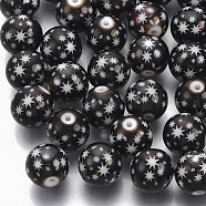 Christmas Electroplate Glass Beads, Round with Star Pattern, Gunmetal Plated, 10mm, Hole: 1.2mm(EGLA-R113-07H)