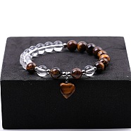 Round Natural Tiger Eye & Quartz Crystal Beaded Stretch Bracelets, Heart Charm Bracelets for Women(XW2849-2)