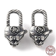 925 Thailand Sterling Silver Lobster Claw Clasps, Heart with Flower, with 925 Stamp, Antique Silver, 15x8.5x7.5mm, Hole: 1.5mm(STER-D003-48AS)