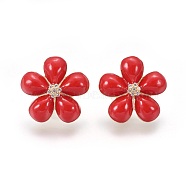 Brass Micro Pave Cubic Zirconia Stud Earrings, with Enamel, Flower, Golden, Red, 24x7mm, Pin: 0.7mm(EJEW-F192-02G)
