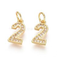 Brass Micro Pave Clear Cubic Zirconia Charms, with Jump Ring, Number, Golden, Num.2, 11.5x6x2mm, Hole: 3mm(ZIRC-L092-02-G)