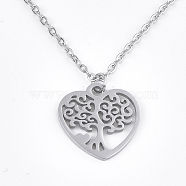 201 Stainless Steel Pendant Necklaces, with Cable Chains and Lobster Claw Clasps, Heart with Tree, Stainless Steel Color, 15.7 inch(40cm), 1.5mm, Pendant: 16x15~15.5x1mm(NJEW-T009-JN148-40-1)