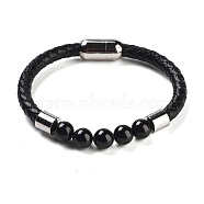 Natural Tourmaline Round Bead Braided Leather Cord Bracelets for Men Women, with Ion Plating(IP) 304 Stainless Steel Magnetic Clasps, 8-1/4 inch(21cm)(BJEW-A009-11P-07)